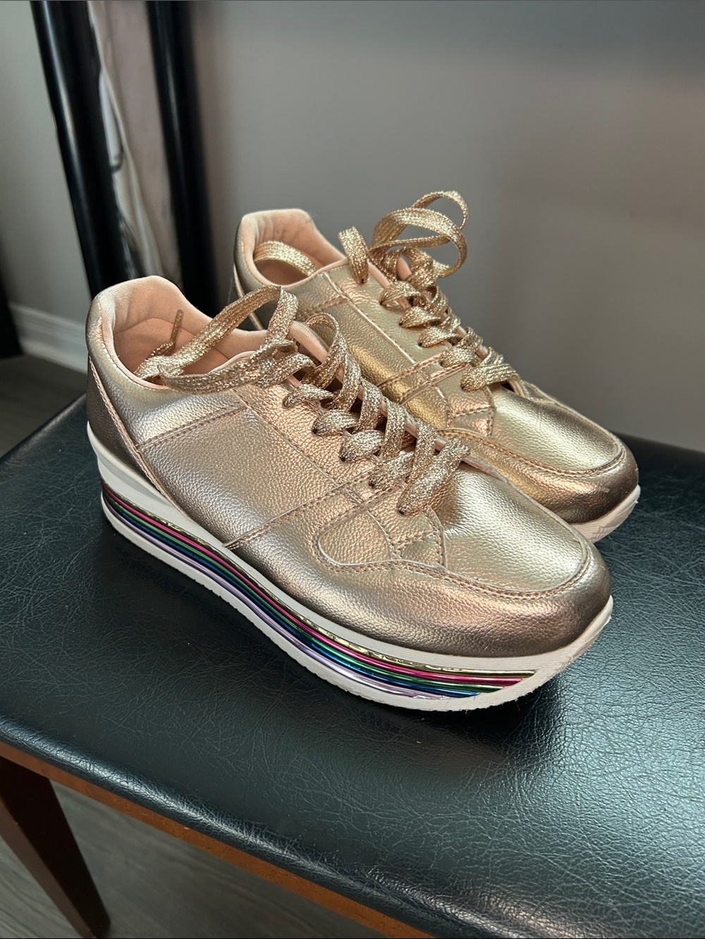 Metallic Rose Gold Platform Lace-Up Sneakers